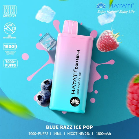 Hayati Duo Mesh 7000 Disposable Vape Puff Bar Pod Box of 10 - Blue Razz Ice Pop -Vape Area UK