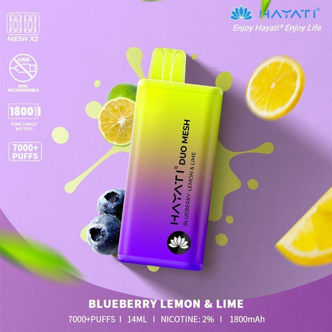 Hayati Duo Mesh 7000 Disposable Vape Puff Bar Pod Box of 10 - Blueberry Lemon & Lime -Vape Area UK