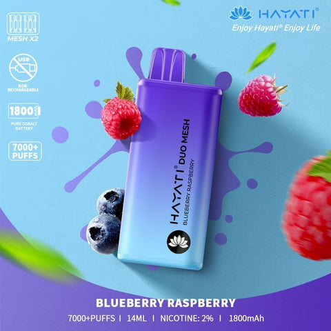 Hayati Duo Mesh 7000 Disposable Vape Puff Bar Pod Box of 10 - Blueberry Raspberry -Vape Area UK