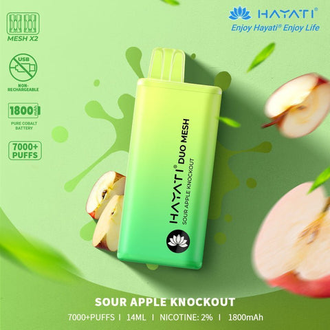 Hayati Duo Mesh 7000 Disposable Vape Puff Bar Pod Box of 10 - Sour Apple Knockout -Vape Area UK