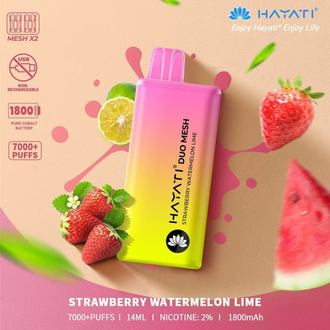 Hayati Duo Mesh 7000 Disposable Vape Puff Bar Pod Box of 10 - Strawberry Watermelon Lime -Vape Area UK