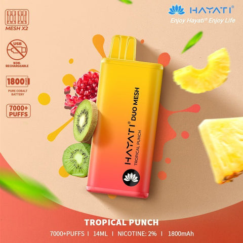 Hayati Duo Mesh 7000 Disposable Vape Puff Bar Pod Box of 10 - Tropical Punch -Vape Area UK